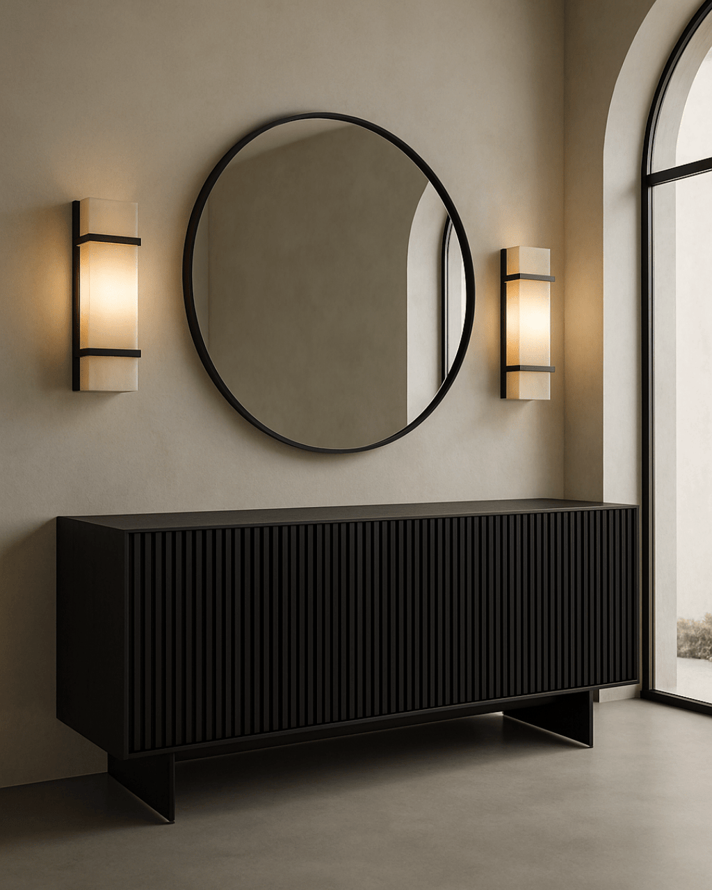 Buffet noir intégral avec détail avant côtelé et design contemporain