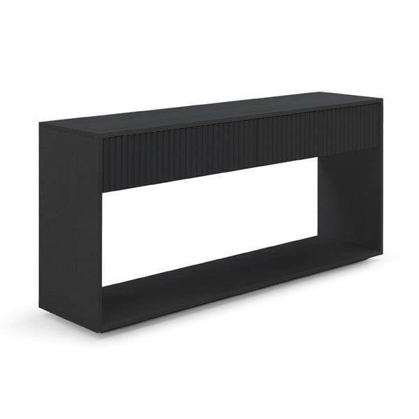Console en laque noire avec tiroirs nervurés et base en placage de chêne