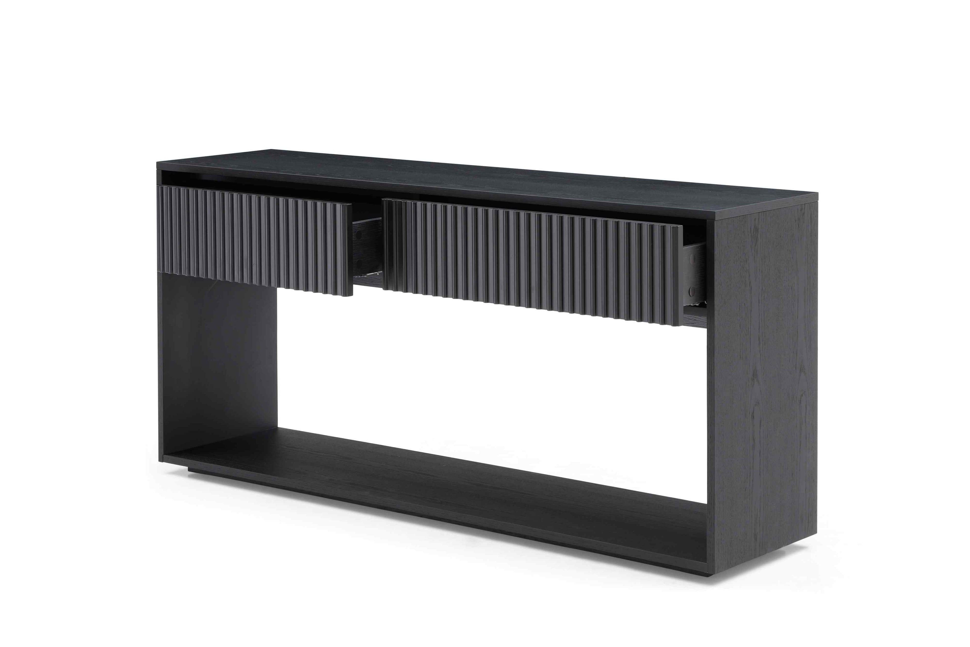 Console en laque noire avec tiroirs nervurés et base en placage de chêne