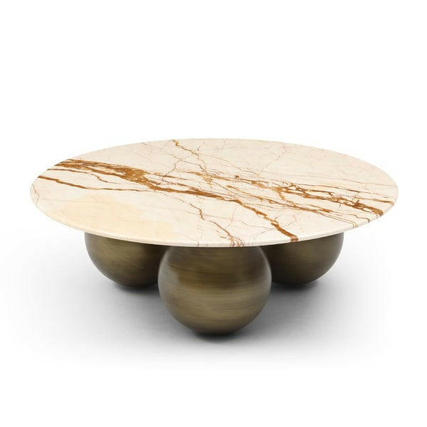 Table basse en marbre doré avec base sphérique en bronze