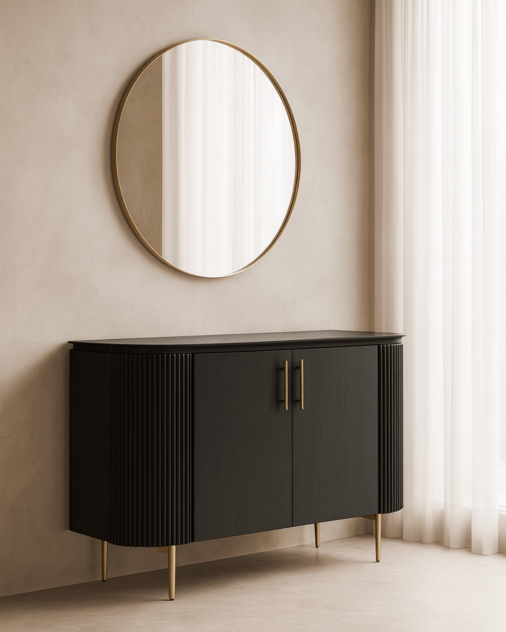 Armoire 2 portes en chêne noir mat avec pieds en laiton et étagères en 4 parties