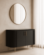 Armoire 2 portes en chêne noir mat avec pieds en laiton et étagères en 4 parties