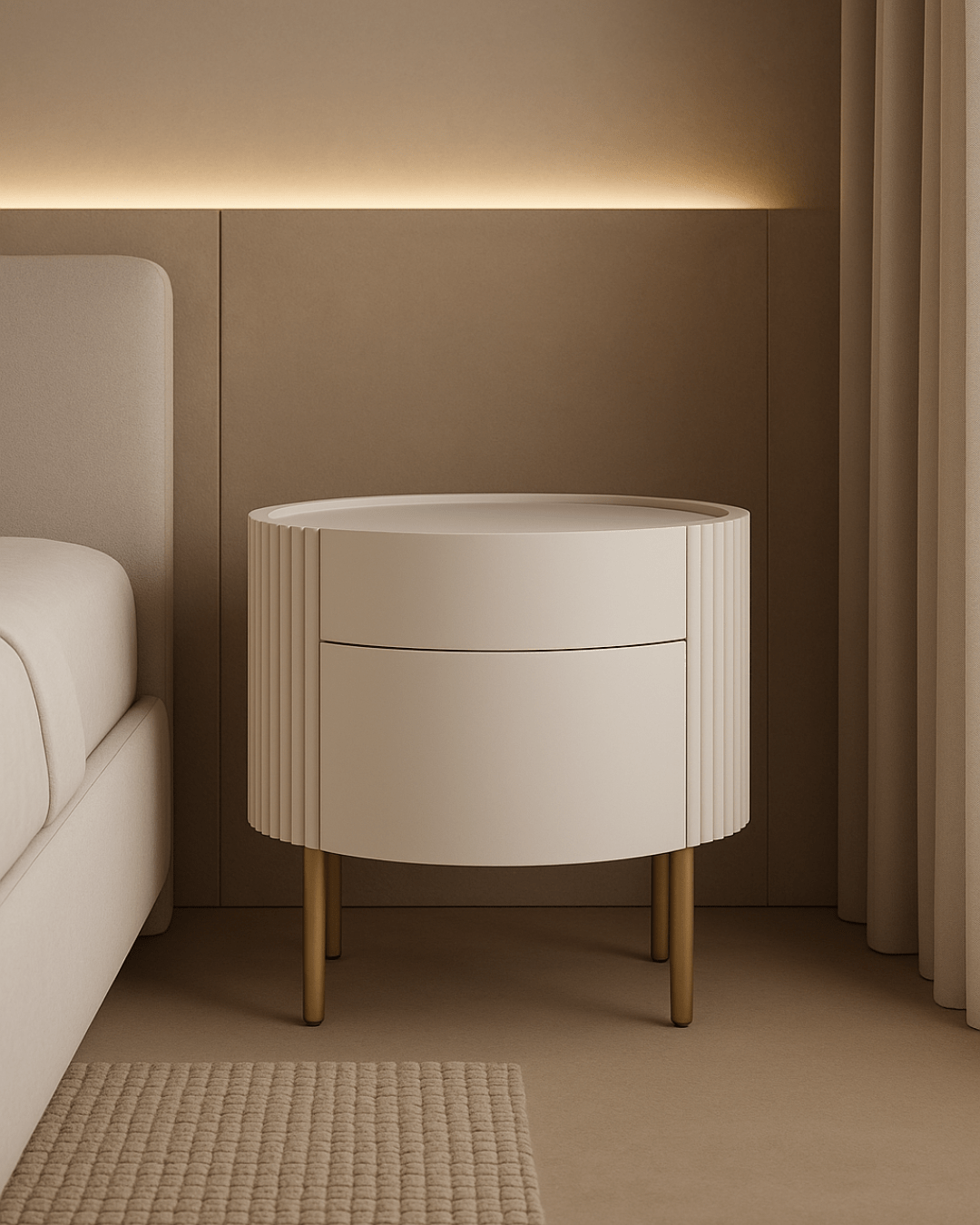 Table de chevet laquée beige avec pieds en laiton et détails côtelés