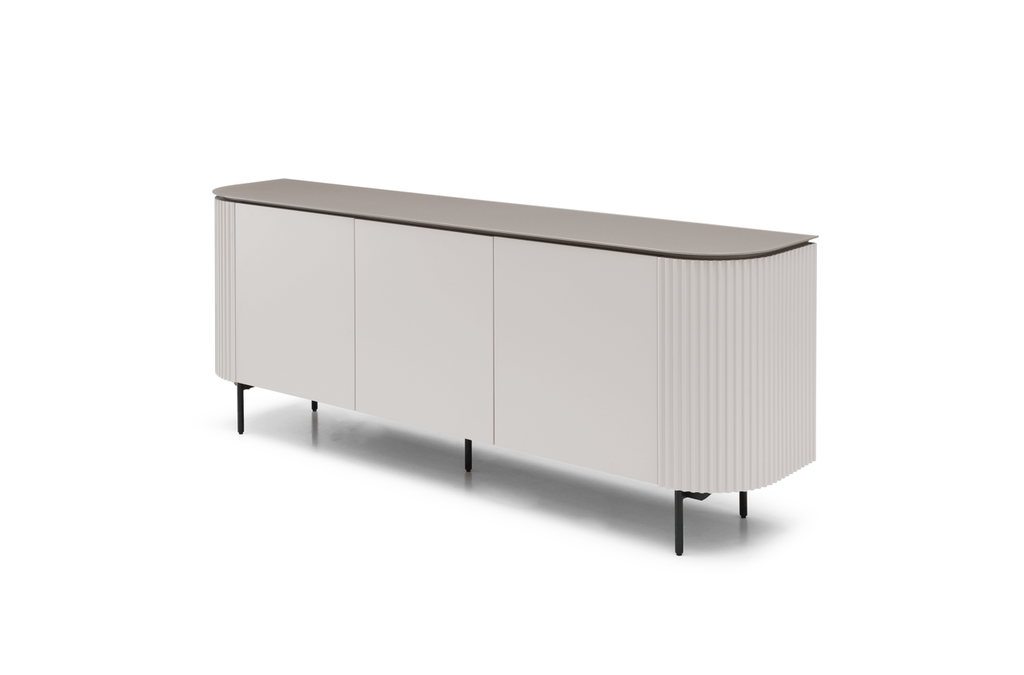 Buffet 3 portes laque beige mat avec plateau en verre et portes à fermeture amortie