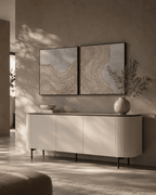 Buffet 3 portes laque beige mat avec plateau en verre et portes à fermeture amortie