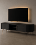 Meuble TV Chêne Noir Mat avec Poignées en Laiton et 2 Placards