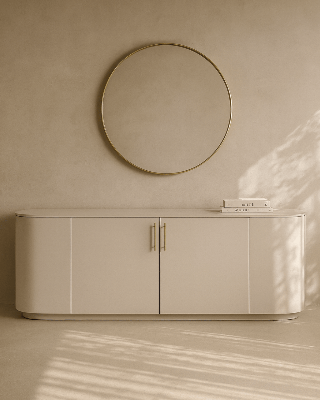 Buffet beige mat avec plateau ovale et 2 tiroirs