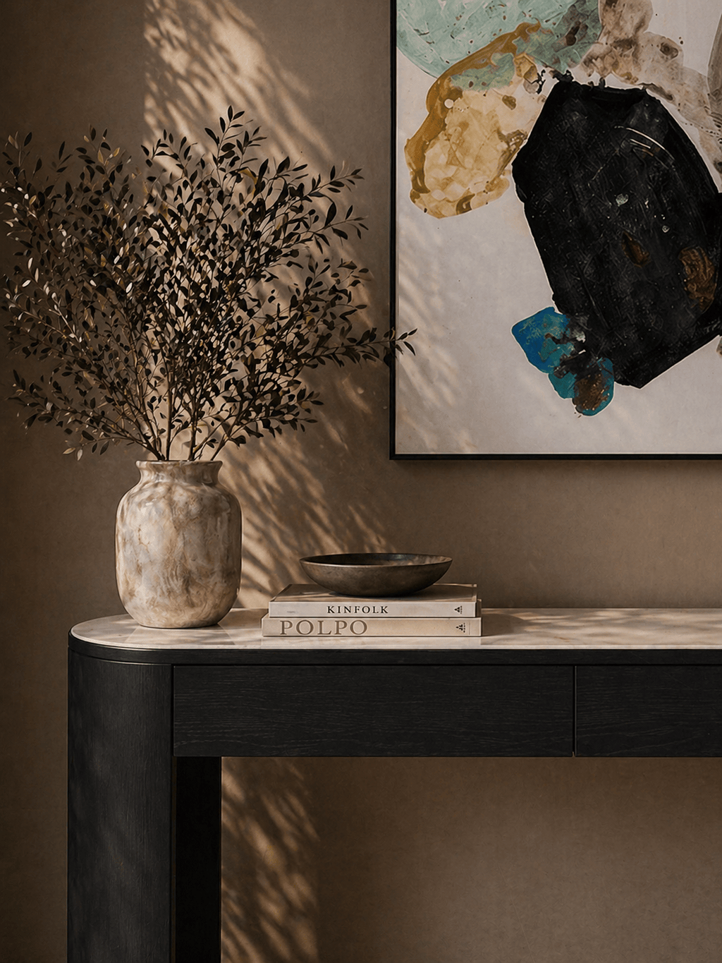 Console étroite en chêne noir avec 2 tiroirs et plateau ovale