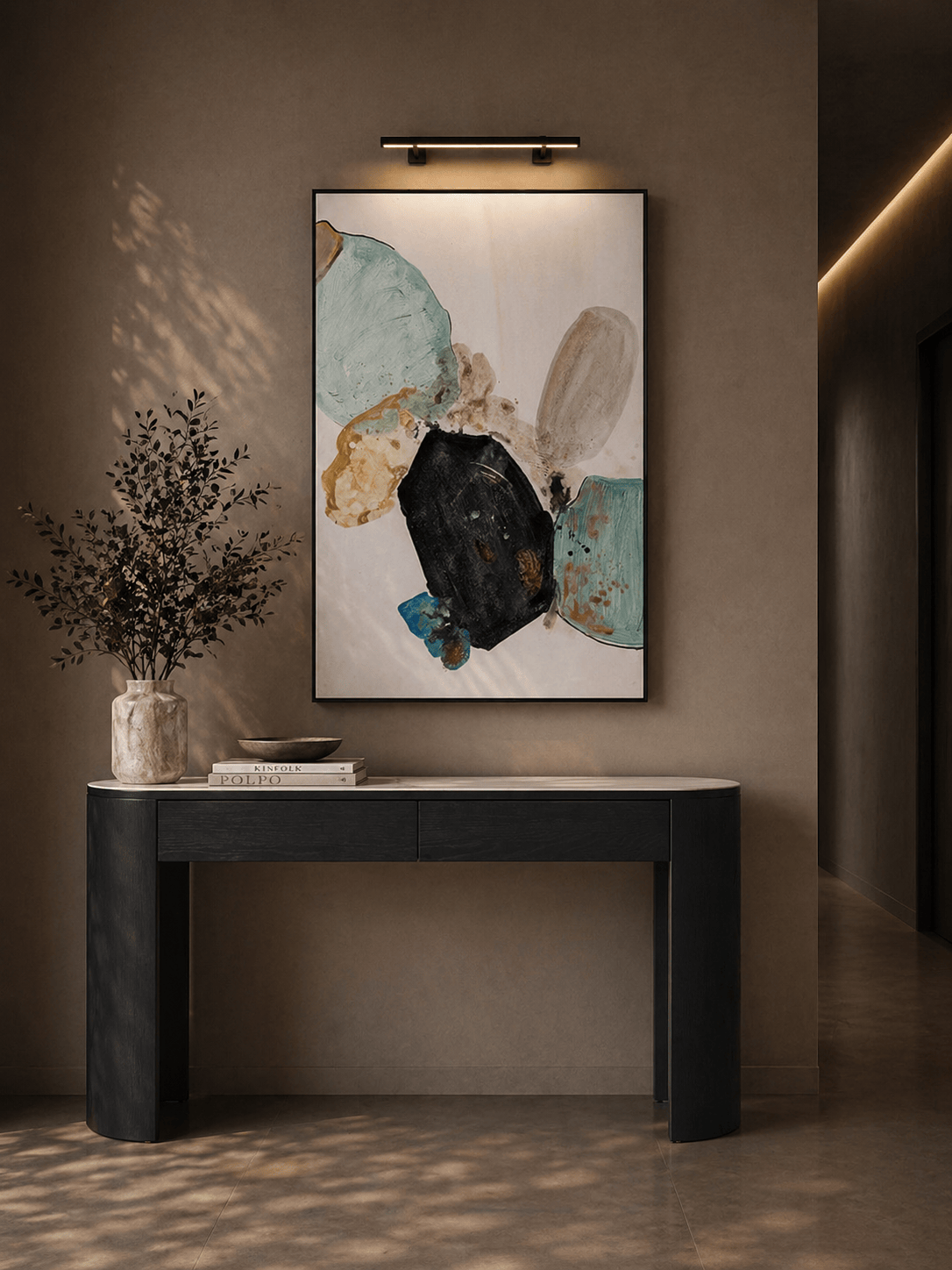 Console étroite en chêne noir avec 2 tiroirs et plateau ovale