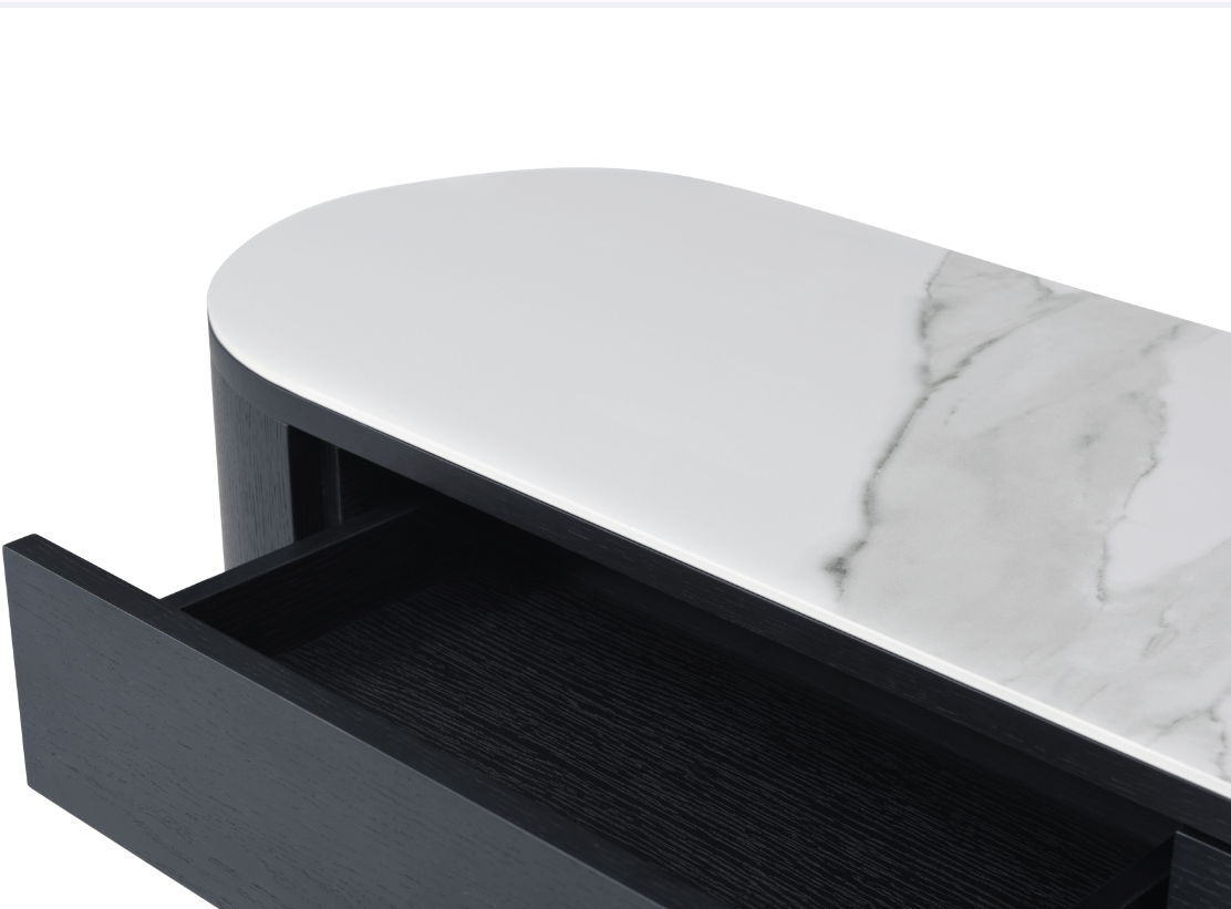 Console étroite en chêne noir avec 2 tiroirs et plateau ovale