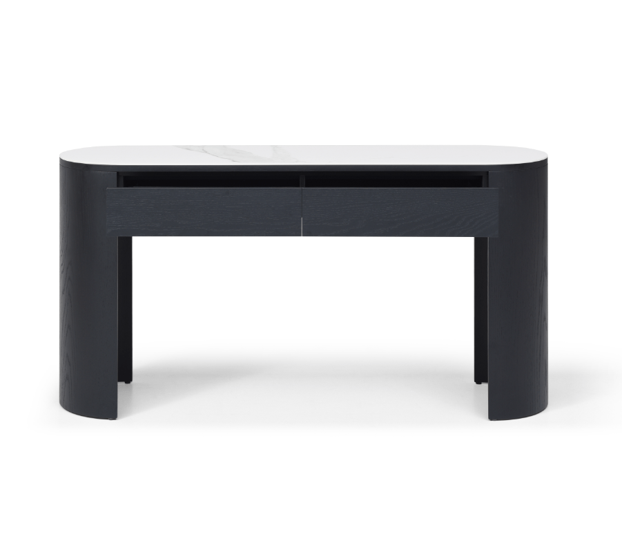 Console étroite en chêne noir avec 2 tiroirs et plateau ovale