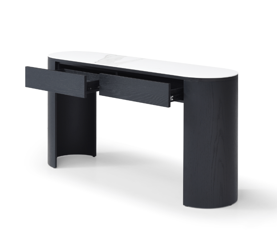 Console étroite en chêne noir avec 2 tiroirs et plateau ovale