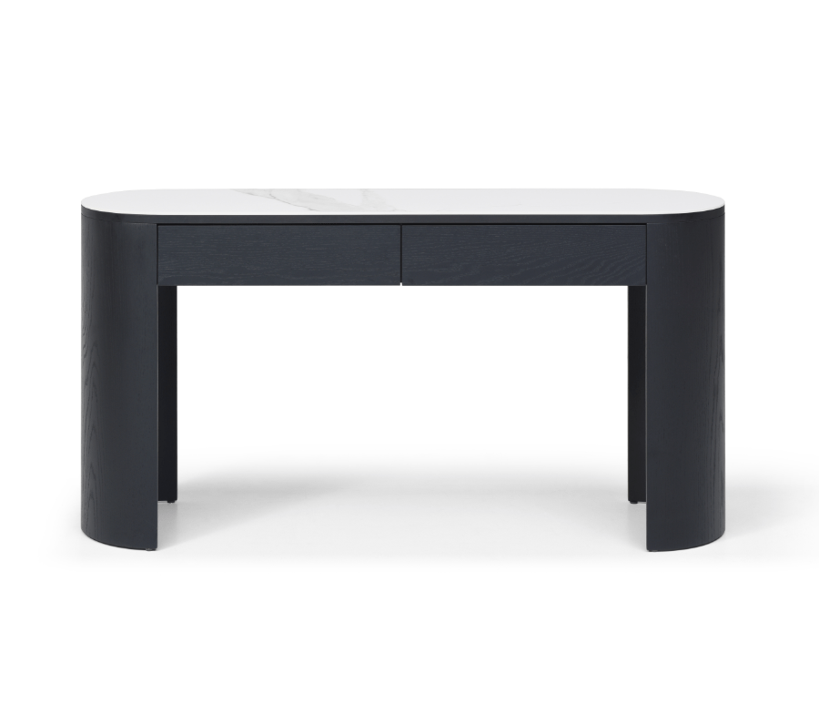 Console étroite en chêne noir avec 2 tiroirs et plateau ovale