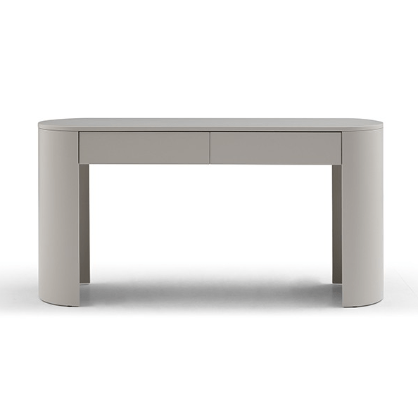 Console fine beige mat avec 2 tiroirs et plateau ovale