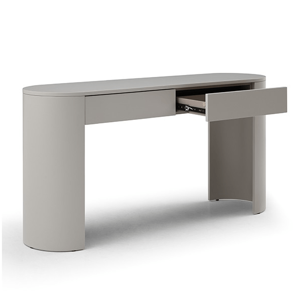 Console fine beige mat avec 2 tiroirs et plateau ovale