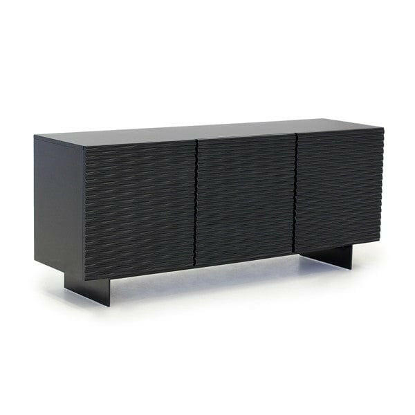 Buffet noir satiné mat avec façade décorative et pieds métalliques