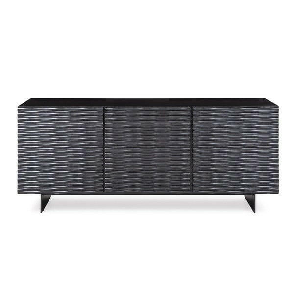 Buffet noir satiné mat avec façade décorative et pieds métalliques