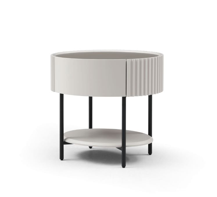 Table de chevet laquée beige avec tiroir à fermeture douce et pieds en métal noir