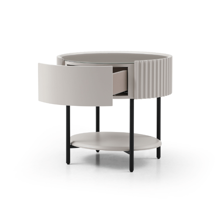 Table de chevet laquée beige avec tiroir à fermeture douce et pieds en métal noir