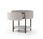 Table de chevet laquée beige avec tiroir à fermeture douce et pieds en métal noir