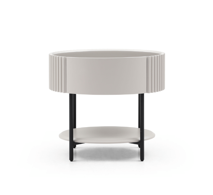 Table de chevet laquée beige avec tiroir à fermeture douce et pieds en métal noir