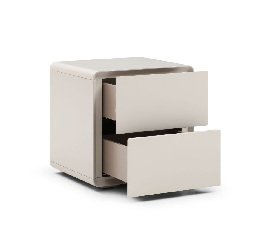 Table de chevet incurvée beige mat au design minimaliste