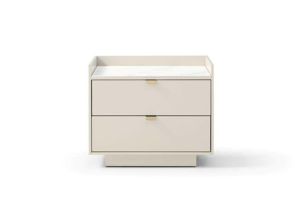 Table de chevet en céramique marbre blanc et beige, avec poignées en laiton et 2 tiroirs