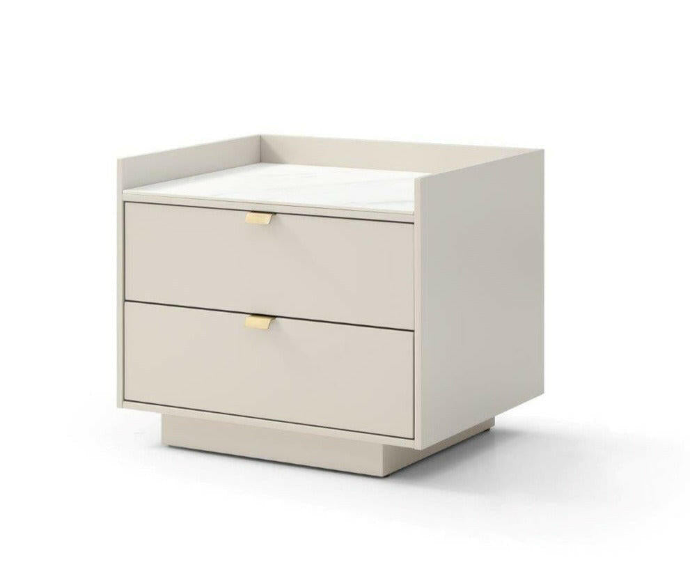 Table de chevet en céramique marbre blanc et beige, avec poignées en laiton et 2 tiroirs
