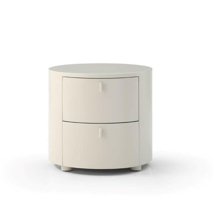 Table de chevet beige mat à bords arrondis avec tiroirs incurvés