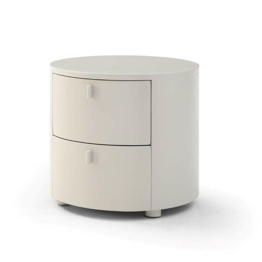 Table de chevet beige mat à bords arrondis avec tiroirs incurvés