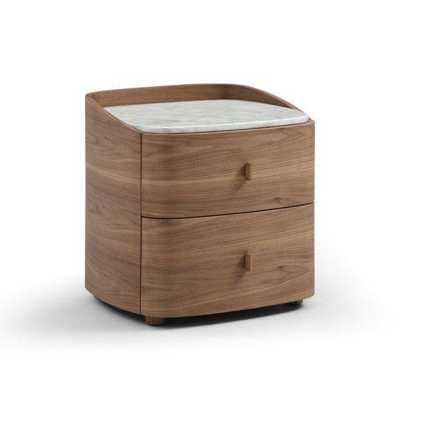 Table de chevet en placage de noyer et marbre avec 2 tiroirs et lignes courbes