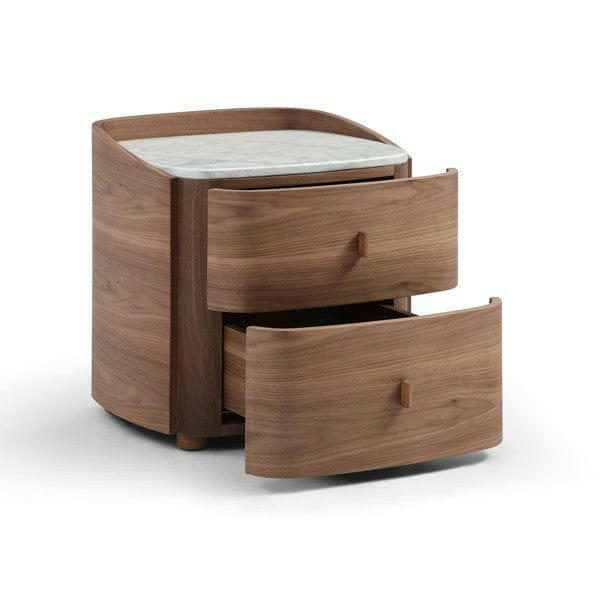 Table de chevet en placage de noyer et marbre avec 2 tiroirs et lignes courbes