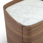 Table de chevet en placage de noyer et marbre avec 2 tiroirs et lignes courbes