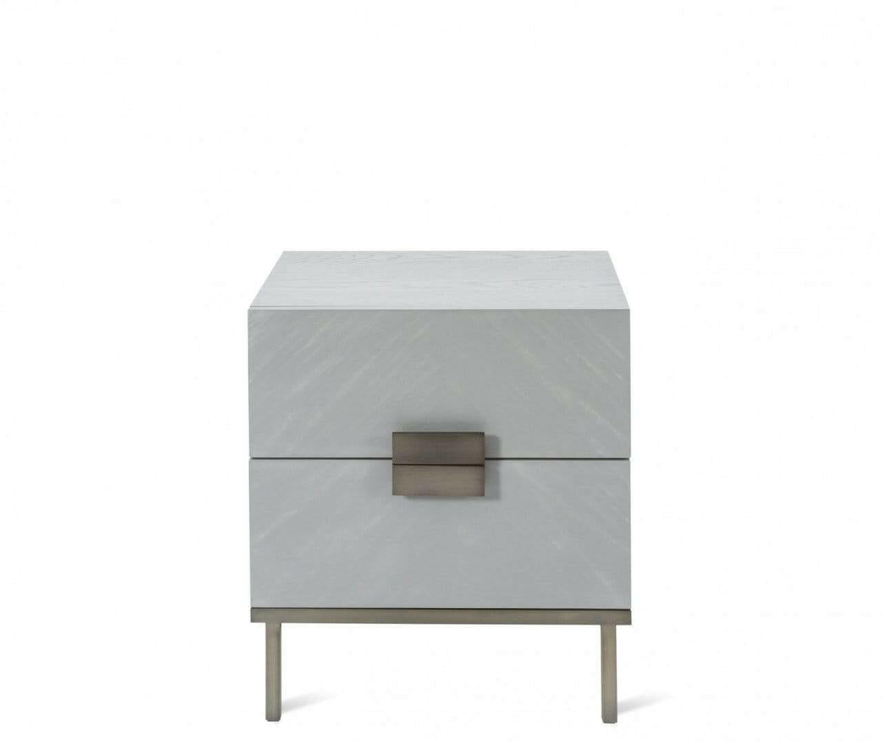 Table de Chevet Placage Gris avec Poignées Bronze et 2 Tiroirs à Fermeture Amortie