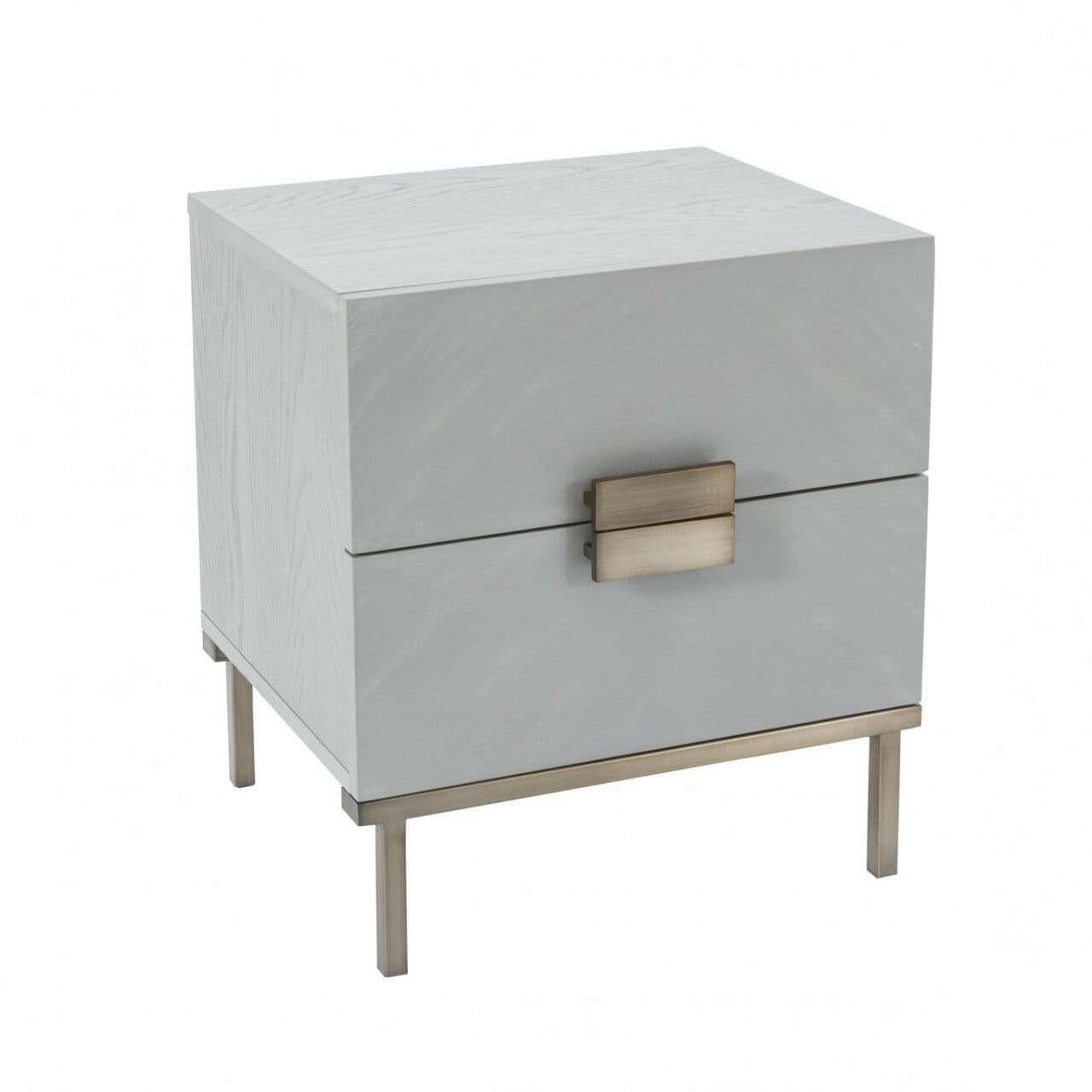 Table de Chevet Placage Gris avec Poignées Bronze et 2 Tiroirs à Fermeture Amortie