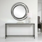 Console en acier noir avec plateau en miroir et étagère en verre