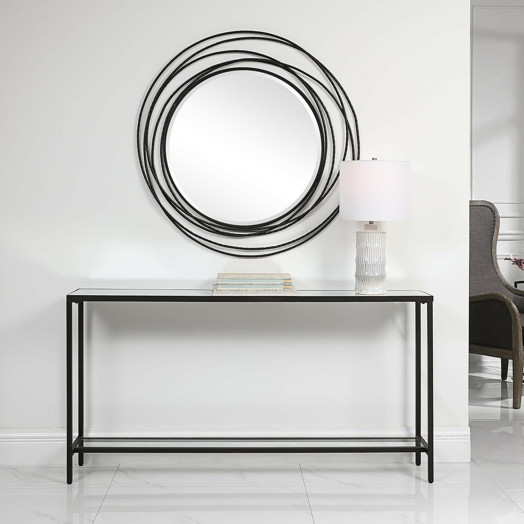 Console en acier noir avec plateau en miroir et étagère en verre