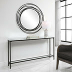 Console en acier noir avec plateau en miroir et étagère en verre