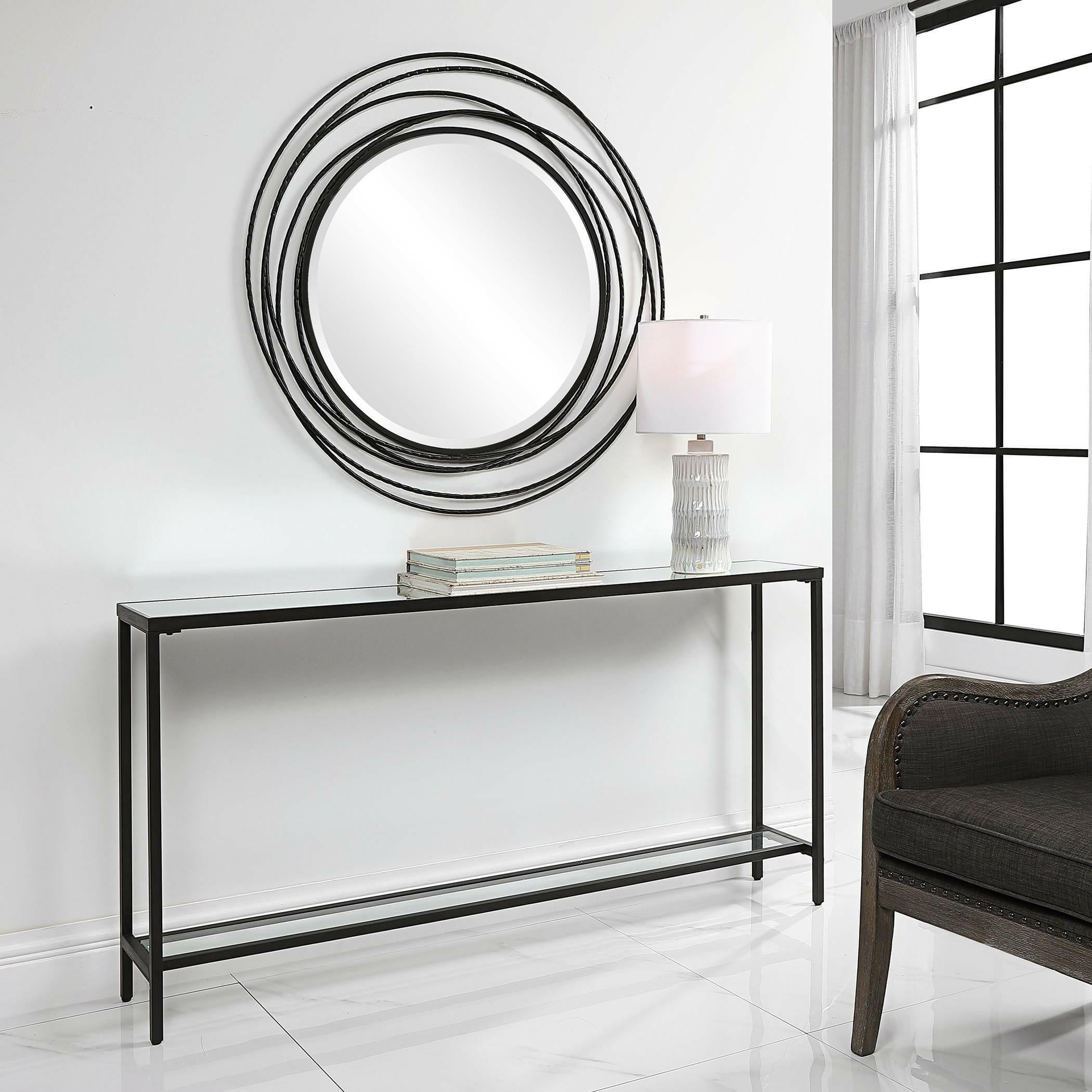 Console en acier noir avec plateau en miroir et étagère en verre