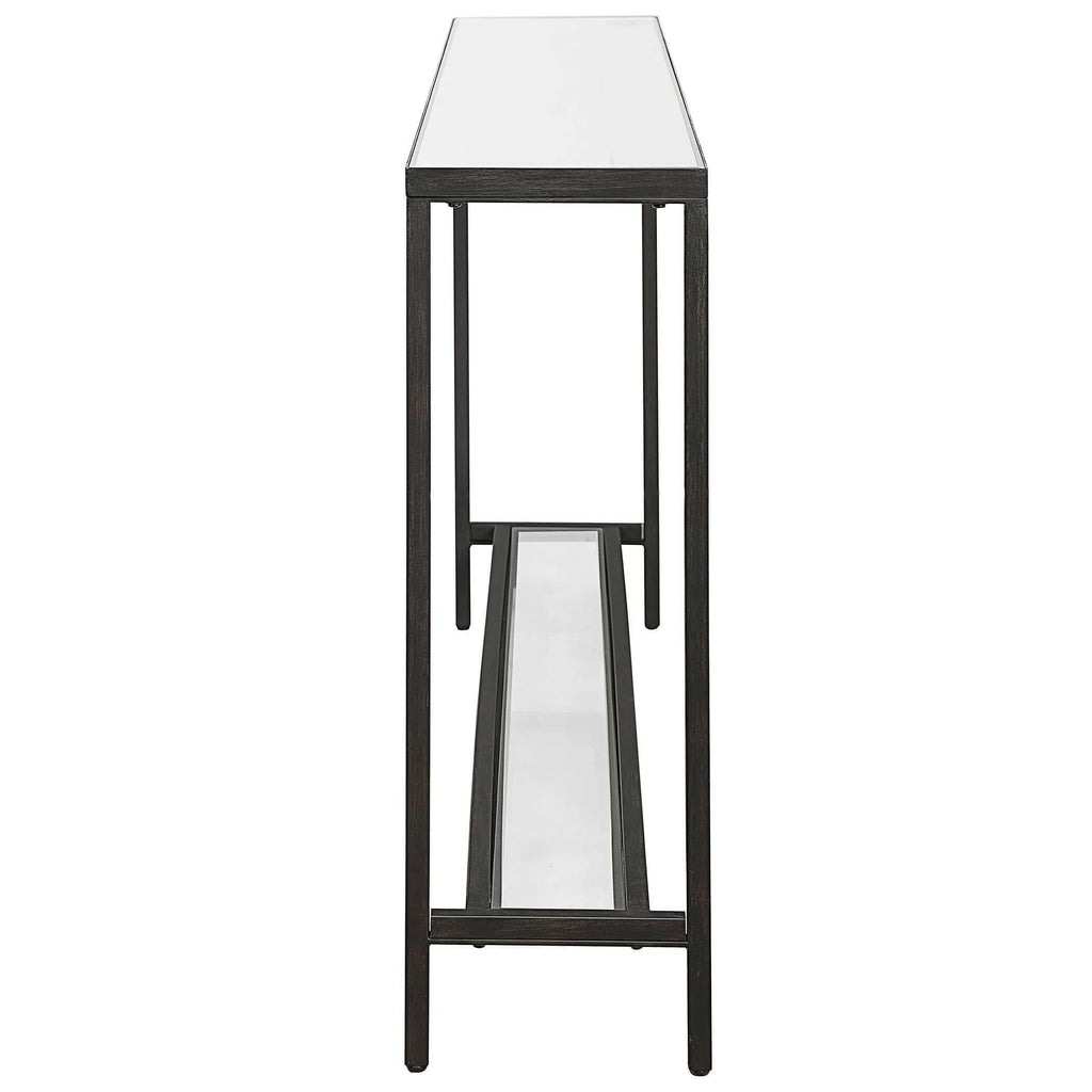 Console en acier noir avec plateau en miroir et étagère en verre