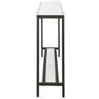 Console en acier noir avec plateau en miroir et étagère en verre