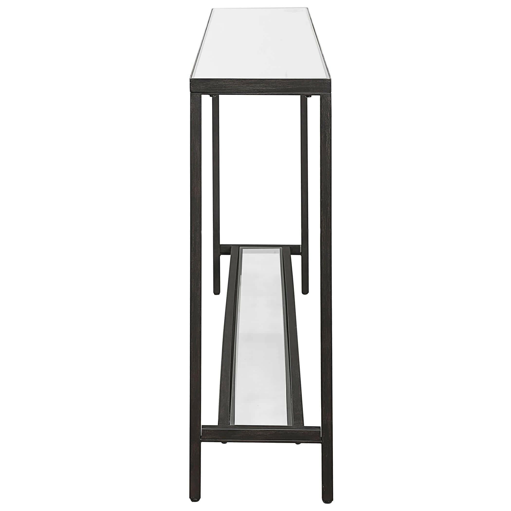 Console en acier noir avec plateau en miroir et étagère en verre